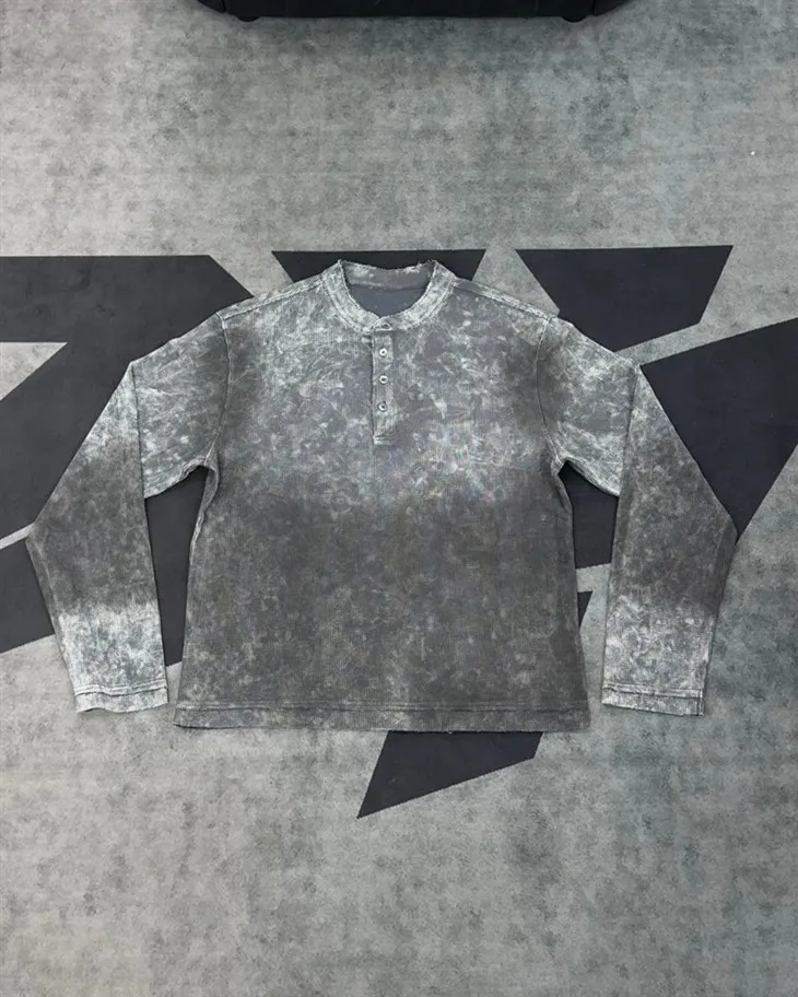 Wholesale OEM Acid Wash Oversized Waffle Henley Shirt Kornit DTG Print suppliers